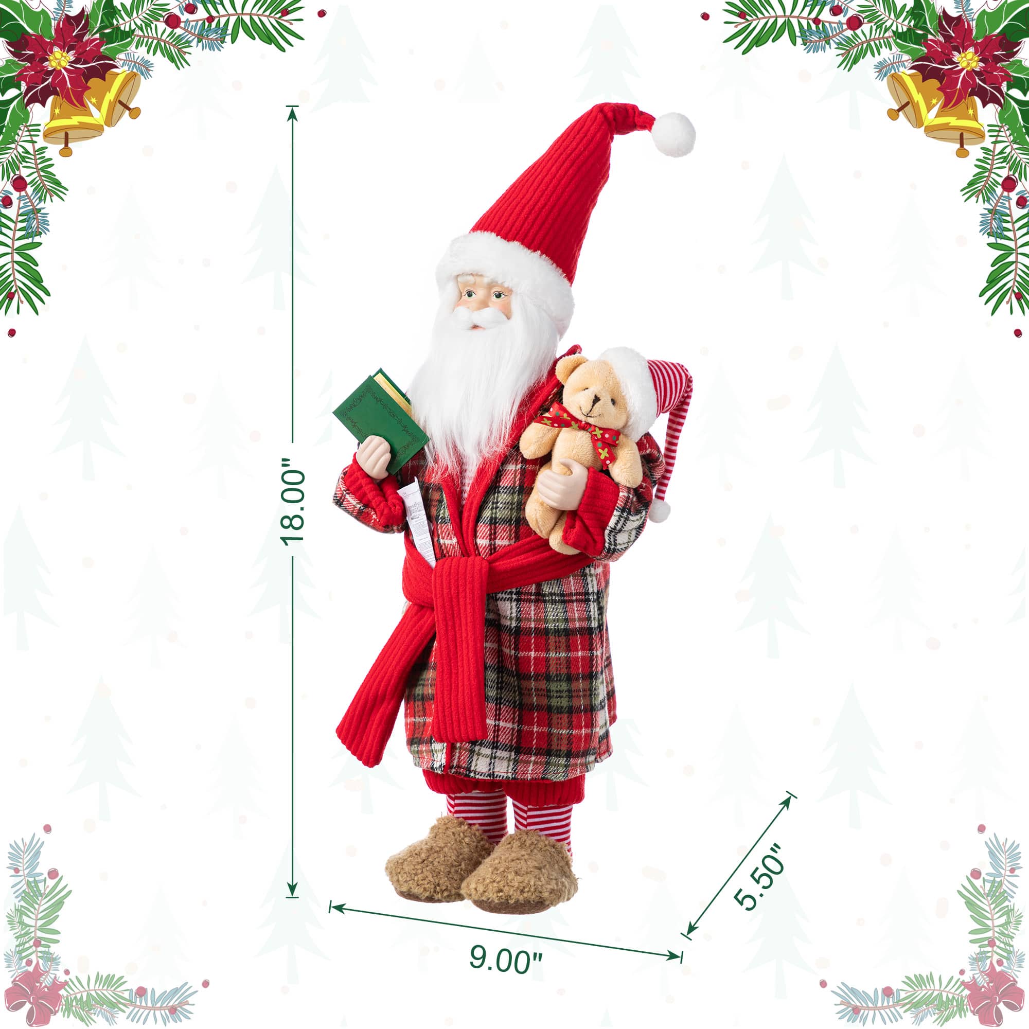 Glitzhome® 18"H Faux Fur Christmas Bathrobe Santa Figurine with Porcelain Face